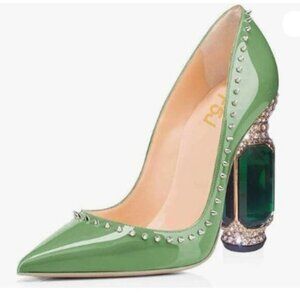 FSJ Green Bridal Pointed Toe Chunky Block High Heel Crystal Pumps Slip on Shoes